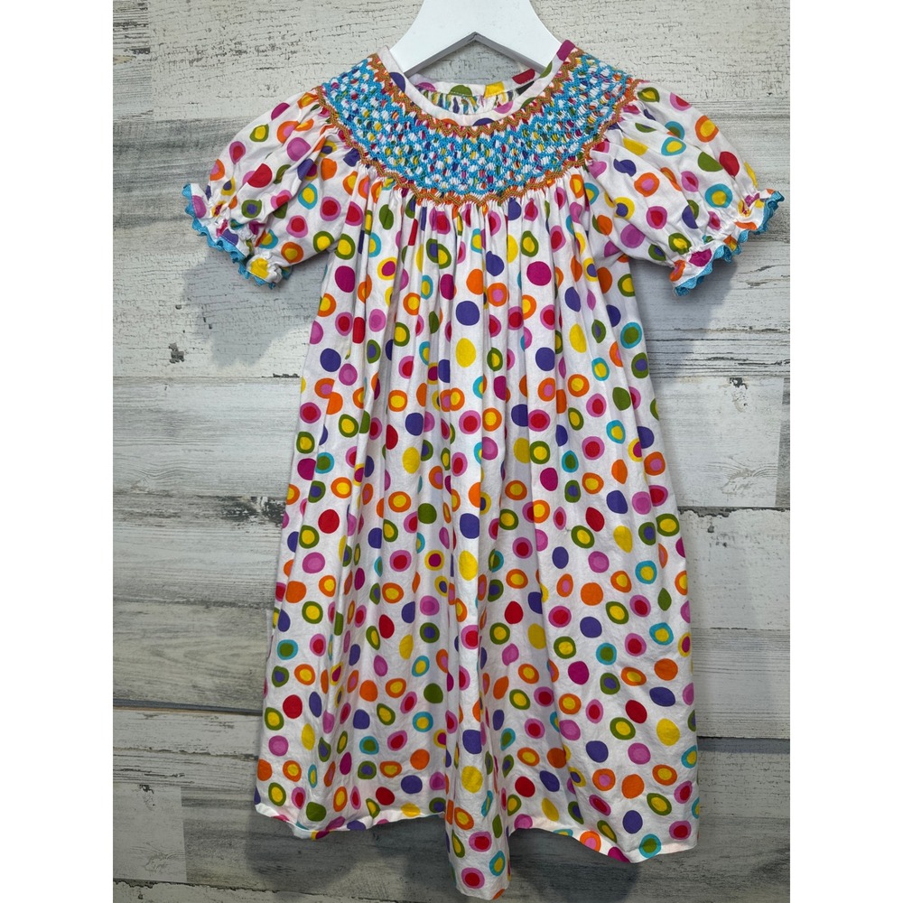 Smocked Bishop Dress Girls Size 3T Banana Split Whimsical Polka Dot EUC